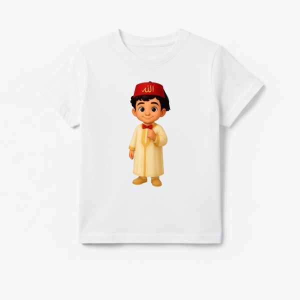 T-shirt Enfant Tunisien - Garçon en Jebba Beige et Chechia Rouge